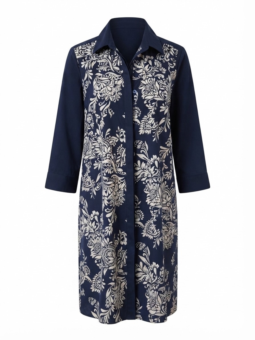 LOFT Navy and Cream Floral Midi Shirt Dress